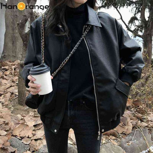 

hanorange women faux leather jacket biker turndown collar pu motorcycle jackets loose streetwear outerwear spring coat l220728, Black