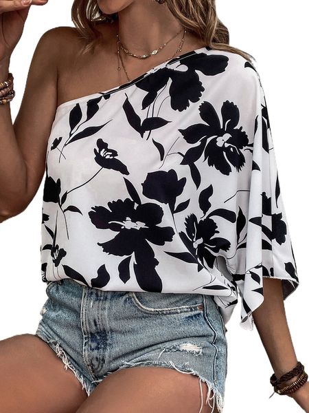 

floral print one shoulder blouse q6aw#, White