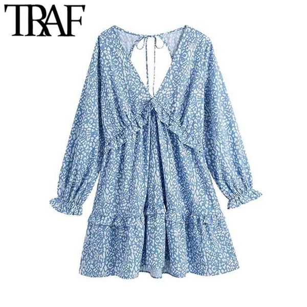 

women chic fashion animal print ruffle mini dress vintage backless bow tied side zipper female dresses vestidos 210507, Black;gray