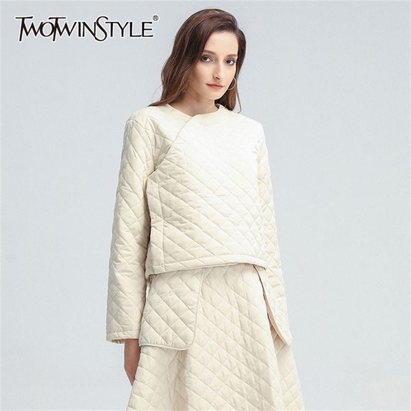 

twotwinstyle plaid casual cotton coat for women o neck long sleeve solid short parkas female winter fashion clothing 201214, Black