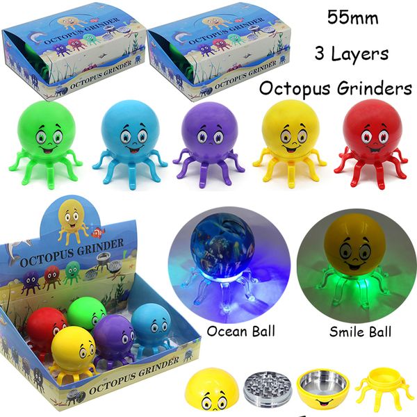 Smile Ocean Print Octopus Kräutermühle Raucherzubehör Kunststoffmaterial 55 mm Durchmesser 3 Schichten Bunte Dab-Ölplattformen Kräuter-Tabakmühlen GR358