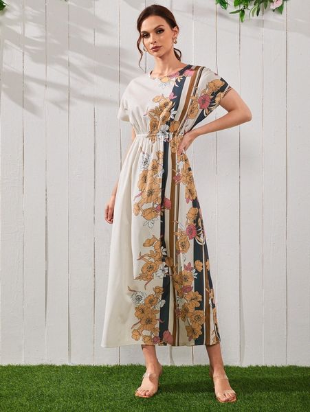 

batwing sleeve floral dress without belt b76c#, Black;gray