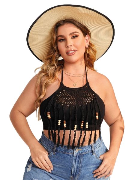 

plus beaded detail tassel trim backless knot halter knit 00ps#, Black