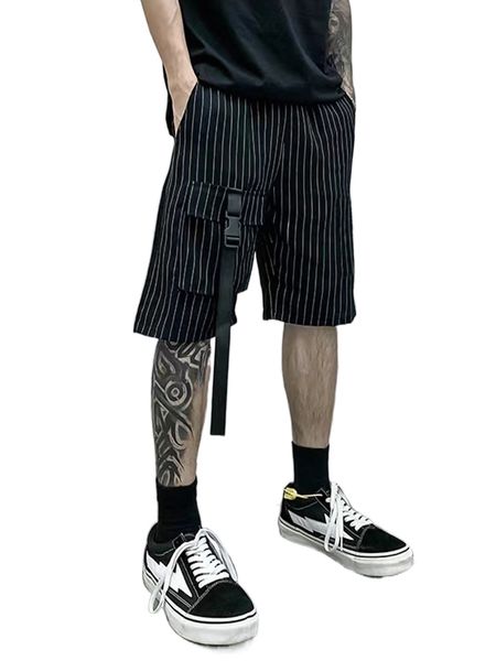 

men striped print drawstring buckle pocket detail shorts j6tq#, White;black