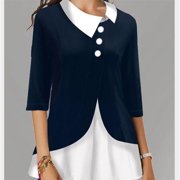 

shirt blouse women fashion turn-down collar irregularity splicing female 3/4 sleeve head shirt office clothes 210308, White