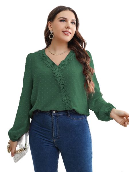 

plus swiss dot lantern sleeve contrast guipure lace blouse e0gb#, Black