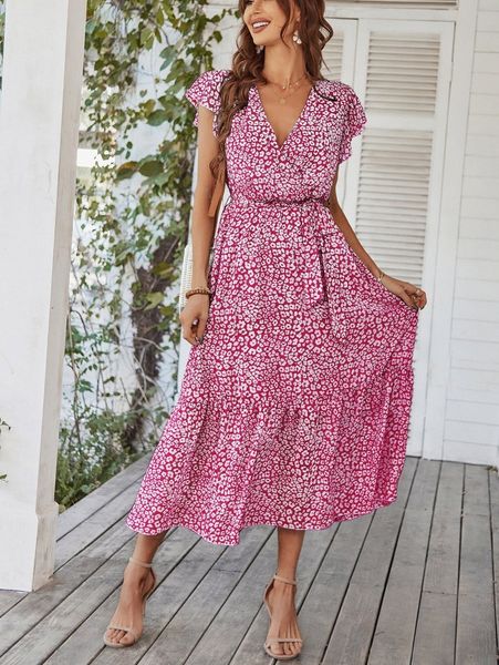 

ditsy floral v neck flounce hem belted dress b40k#, Black;gray