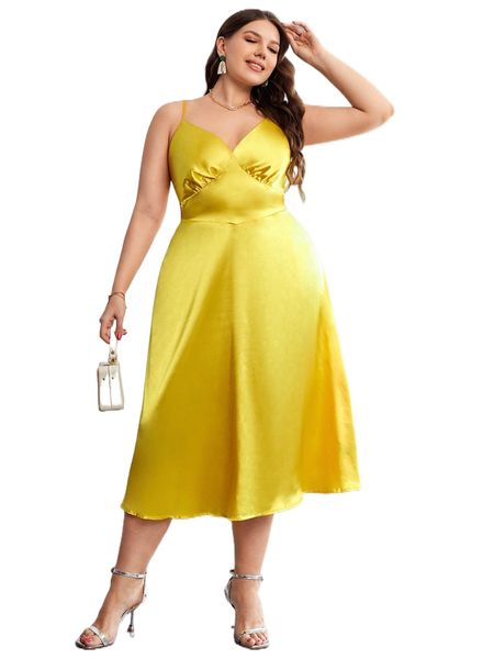 

plus ruched tie backless satin cami dress 26yx#, Black