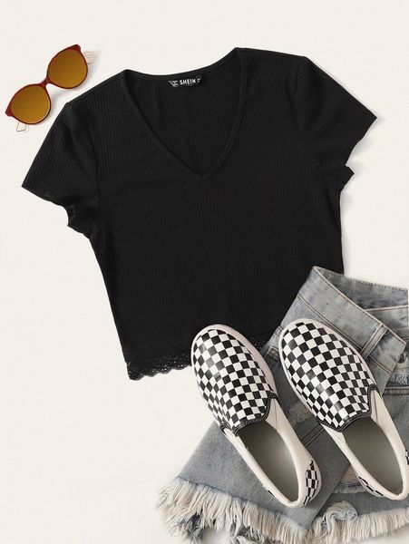 

v-neck lace hem rib-knit e6ev#, White