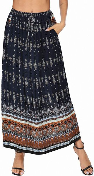

women's bohemian print skirt elastic high waist a line maxi skirt with pockets 05tk#, Black;gray