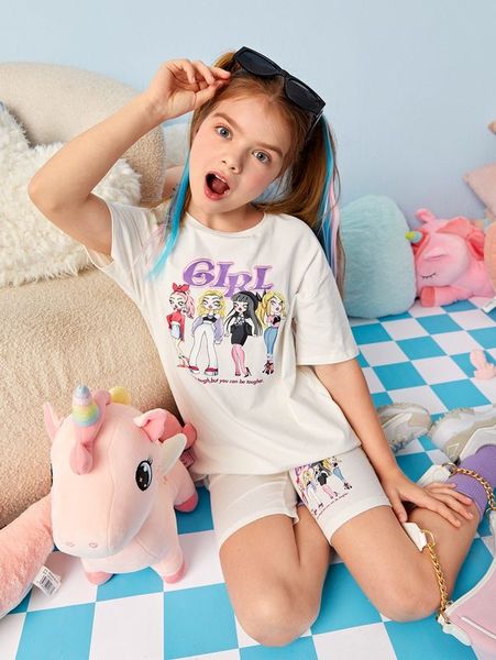 

girls slogan and figure graphic & biker shorts set she, White