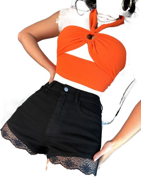 

sxy lace trim high waist denim shorts x664#, White;black