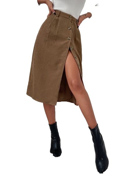 

corduroy button front high waisted skirt 33av#, Black