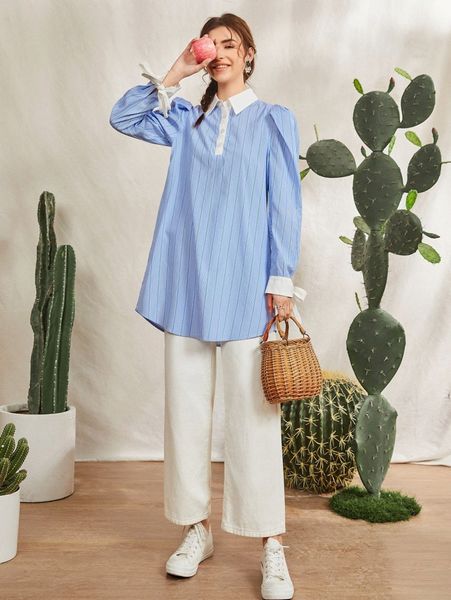

button half placket knot cuff striped blouse b6sv#, White