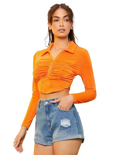 

neon orange ruched front half button crop tee i6mf#, White