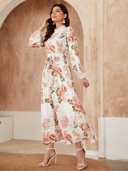 

ruffle neck floral print belted a-line dress u8jq#, Black;gray