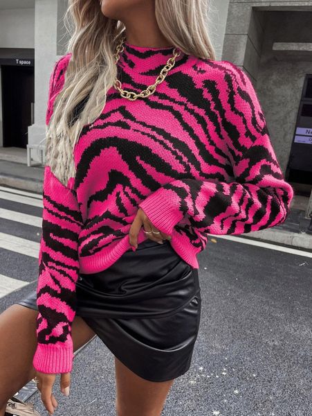 

zebra stripe drop shoulder sweater 46ow#, White;black