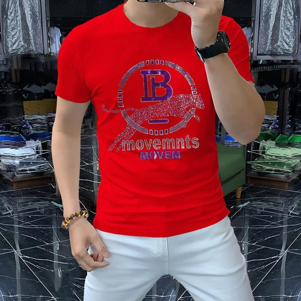 T-shirt da uomo Estate O-Collo Stampa da uomo Cheetah Lettera Design con diamanti Moda personalizzata Slim Sottile Maglietta multicolore Uomo