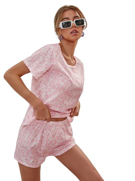 

leopard & heart print pj set 81ph#, Black;red