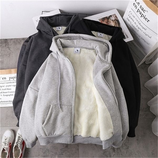 

jacket women solid color autumn winter imitation lamb wool korean loose plus velvet thick hooded zipper sweatshirt 201216, Black