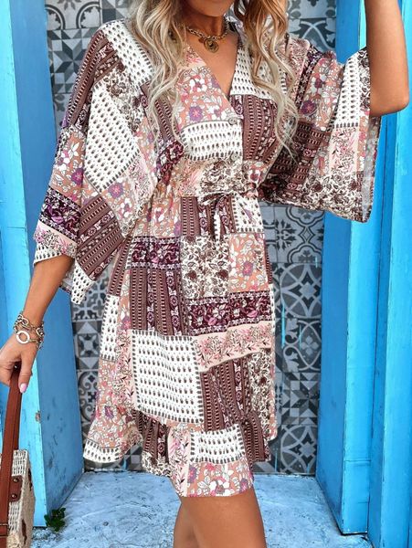 

random patchwork print dolman sleeve tie front ruffle hem dress f77v#, Black;gray