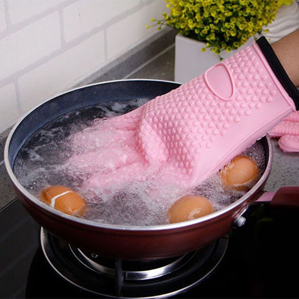 5 Finger Mikrowelle Hochtemperaturbeständige Ofenhandschuhe Hitzebeständige rutschfeste BBQ-Grill-Grill-Silikon-Handschuh-Topflappen-Anti-Hot-Bräter-Backhandschuhe ZL0833