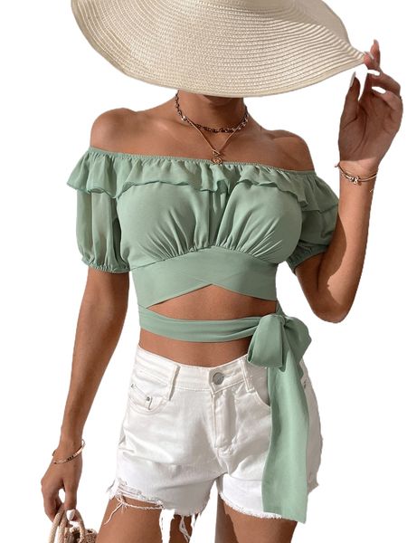 

off shoulder ruffle trim crisscross knot side crop blouse q0ob#, White