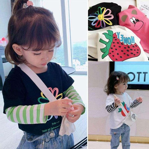 T-shirt Neonata Cartoon Stampato Strisce Cucitura Maglie a manica lunga Per bambini Abbigliamento Moda Cute Toddler Girls TshirtsT-shirt