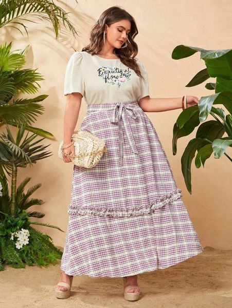 

plus floral & letter graphic & plaid ruffle hem belted skirt p3zr#, Black