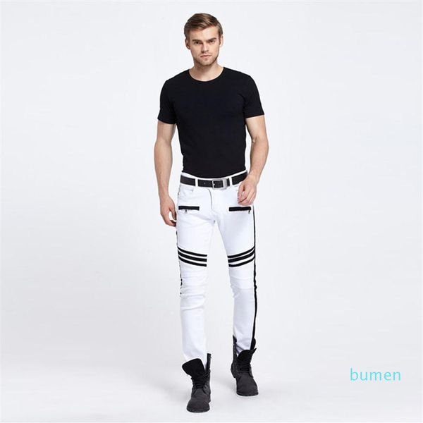 Jeans masculinos Moda masculina Slim Fit Biker Calças de jeans skinny Lavagem de hiphop White Asian Size277a