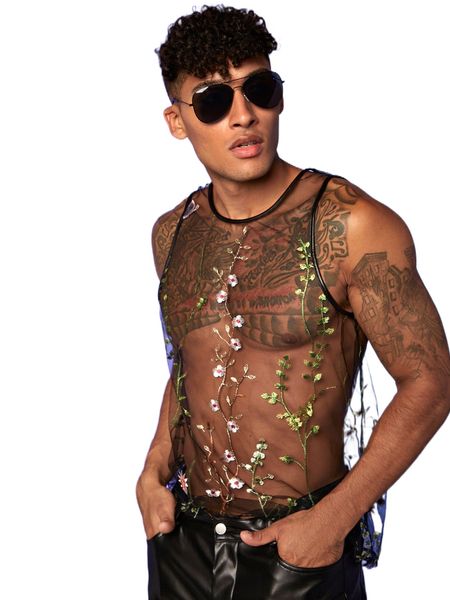 

men floral embroidery mesh contrast binding tank e8qz#, White;black