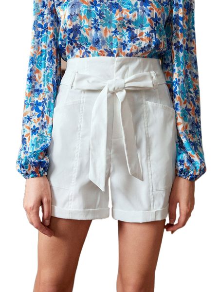 

zipper fly cuffed hem belted shorts f7zr#, White;black