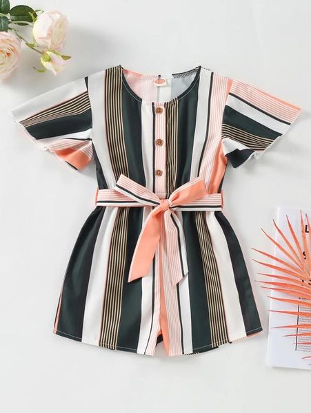 

toddler girls block striped butterfly sleeve belted romper she, Blue