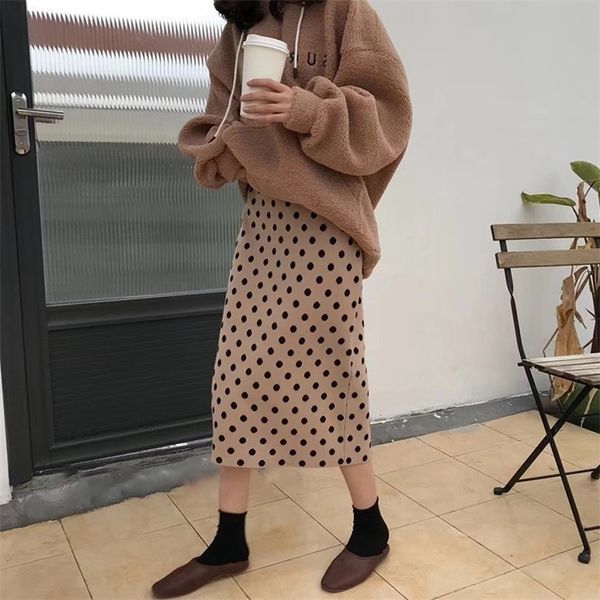 

autumn women skirts high waist knitting women bodycon long skirt faldas jupe femme saia dots print women pencil skirt t200324, Black