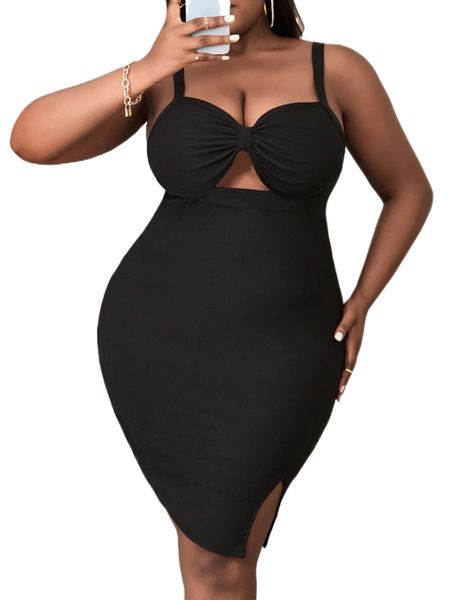 

sxy plus ruched cut out front slit hem bodycon cami dress q811#, Black