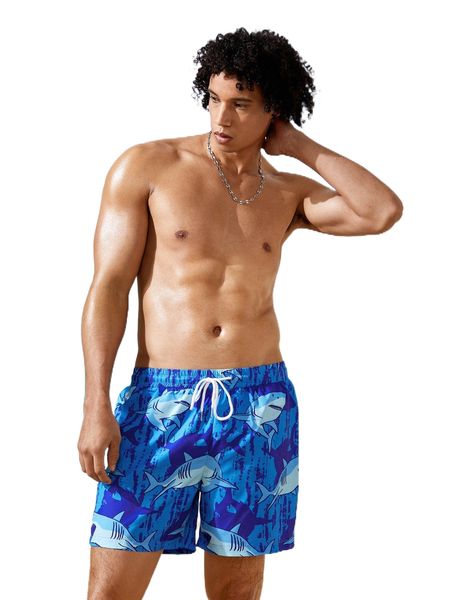 

men shark print drawstring waist shorts a3l2#, White;black