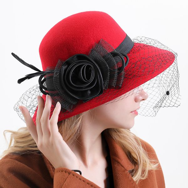 

berets fedora hat for women temperament elegant autumn winter women's bow 100% wool wedding 56-58cm, Blue;gray
