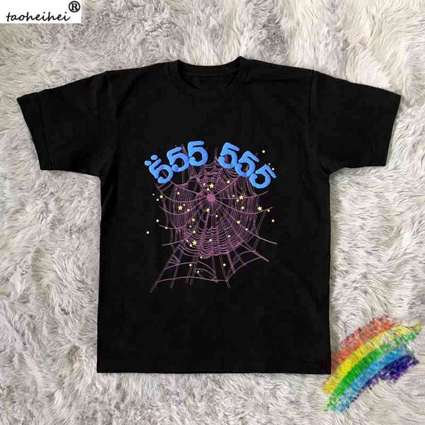 

foaming printing sp5der 555555 number t shirt men women 1:1 quality spider web pattern t-shirt tees, White