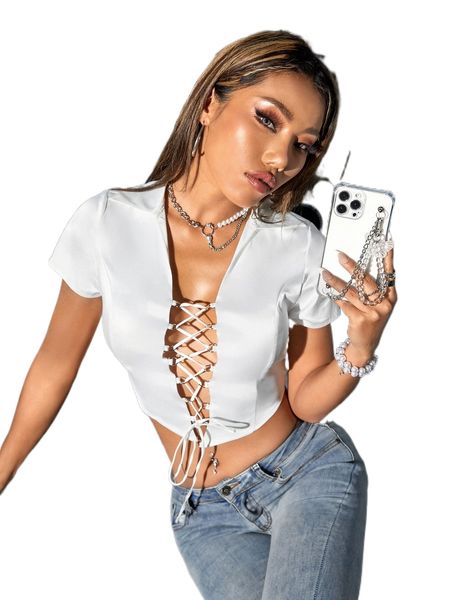 

lace up front crop blouse y2ut#, White
