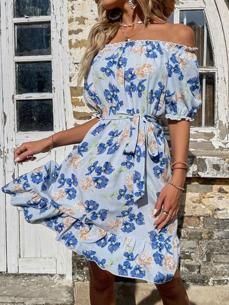 

floral print off shoulder ruffle trim belted dress n0zl#, Black;gray