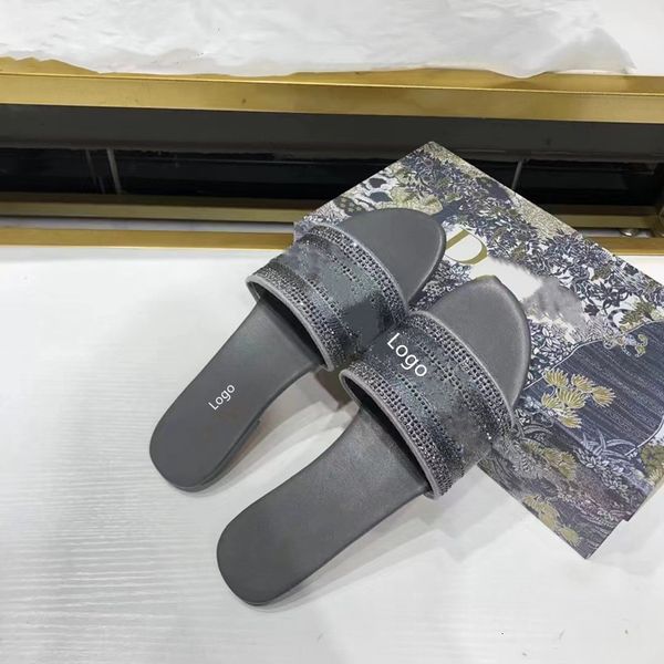 

d family 2022 summer new rhinestone letter embroidered sandals one word wear casual flat bottomed women's slippers, Black