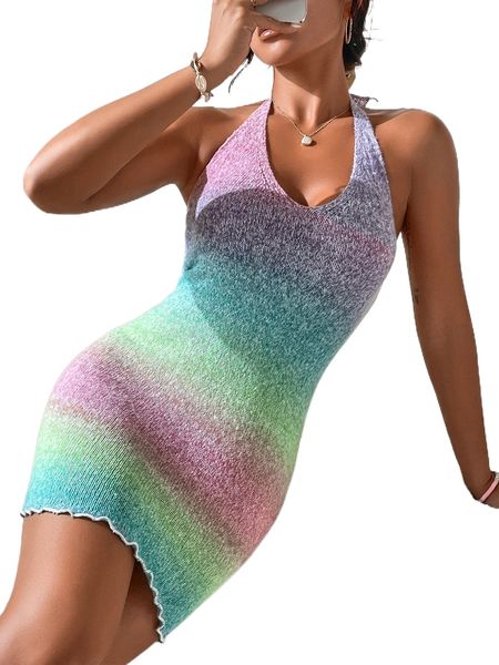 

ombre backless lettuce trim halter sweater dress o2fg#, White;black