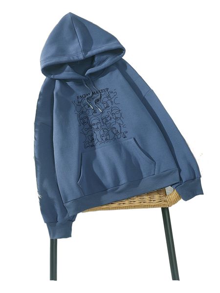 

line drawing and letter graphic drawstring kangaroo pocket hoodie 15dt#, Black