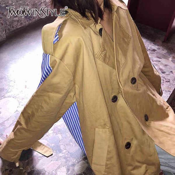 

korean striped trench for women lapel long sleeve sashes casual mid windbreaker female fashionable clothing 210423, Tan;black