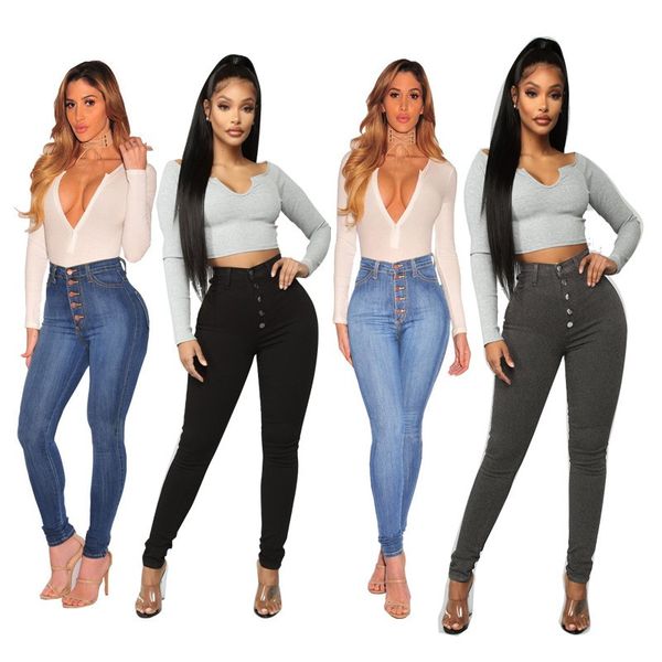 Jeans feminino cintura alta elástico com 5 botões para levantar o bumbum jeans skinny modelador vintage fino