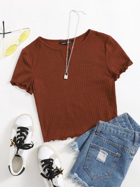 

solid lettuce trim rib-knit tee o2tp#, White