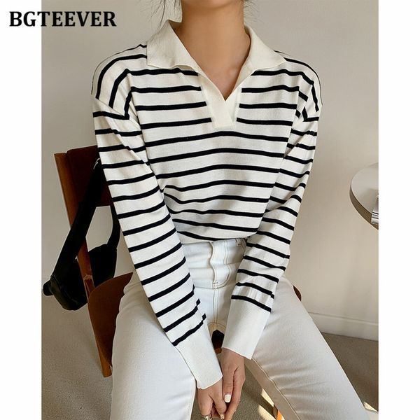 

casual turn-down collar striped women sweaters 2021 autumn sweater long sleeve loose female knitted pullovers, White;black