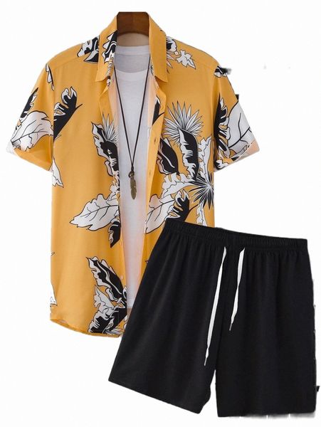 

men tropical print shirt & shorts without tee y9up#, Gray