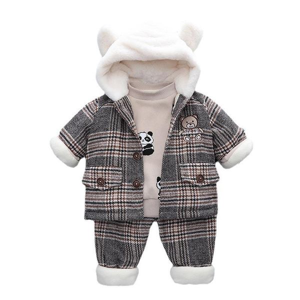 

clothing sets baby boy clothes set born for winter children's suit boys plus velvet thick sweater hooded shirt plaid warm cotton jacket, White