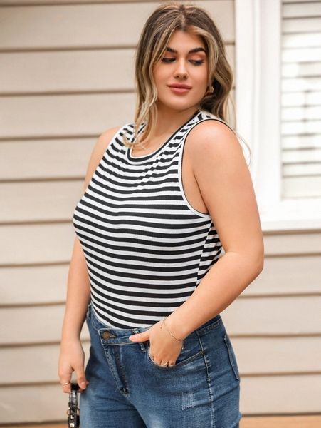 

plus striped print tank f3bs#, Black